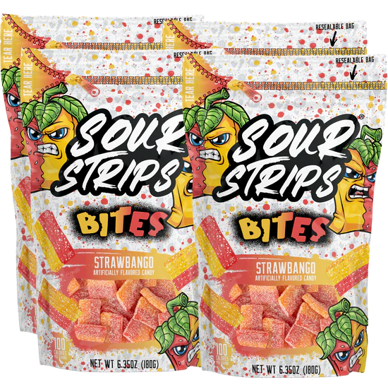 Strawbmango bites 5 trays of 10 bags per tray- sour strips